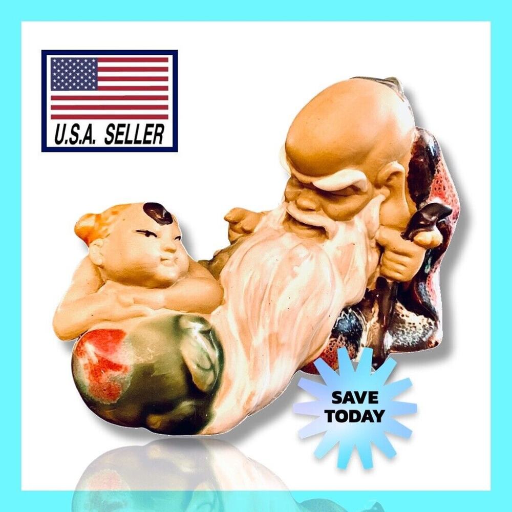 Vintage Chinese Dynasty God of Longevity w Boy Tong Zi Figurine Porcelain Mudman